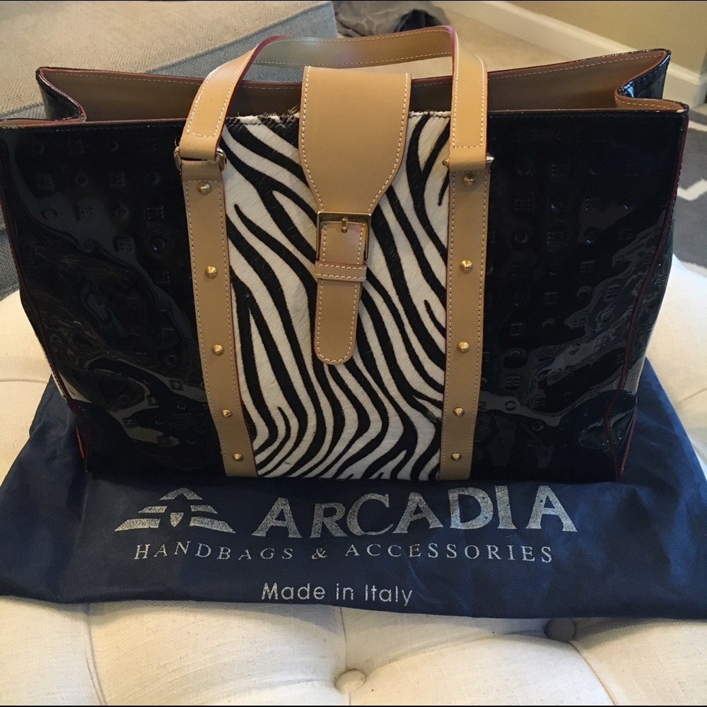 Arcadia patent and calf hair tote